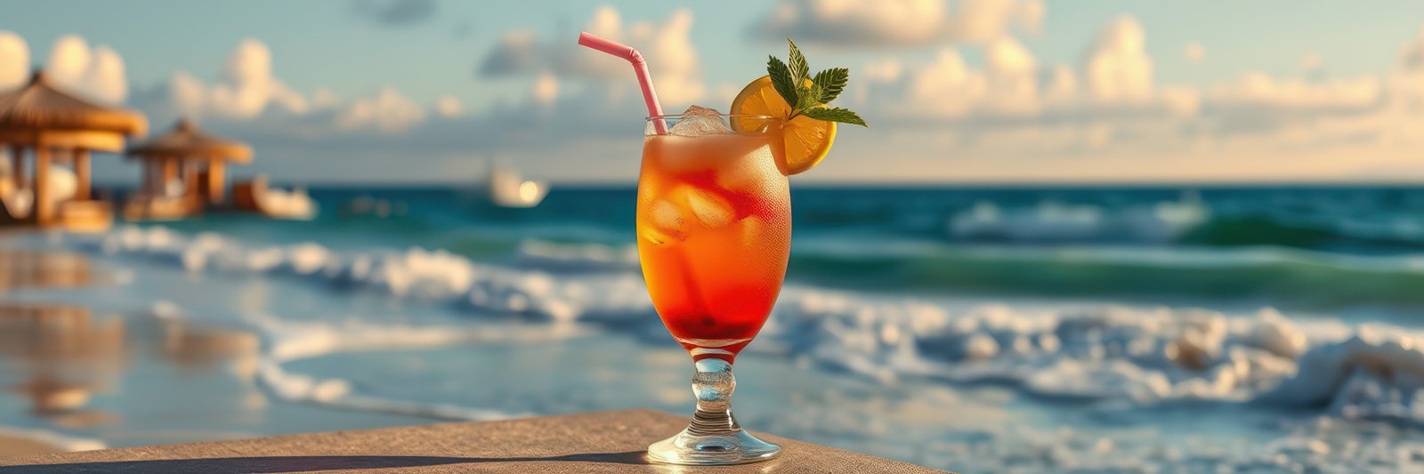 Refreshing tropical cocktail on a beach during sunset with gentle waves lapping the shore